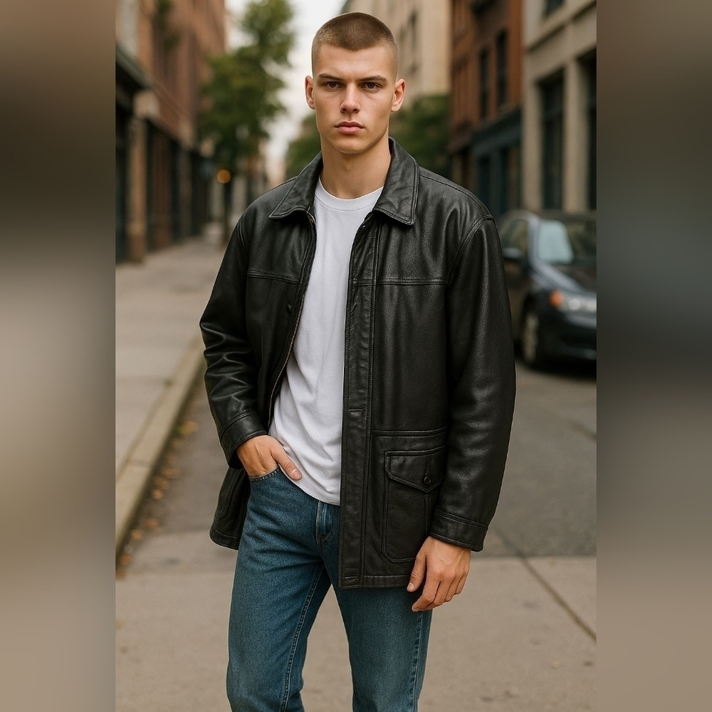Vintage Men's Leather Jacket Coat size 44 JEZ Creation Montreal Lined Navy Ex
